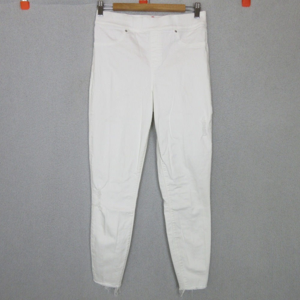 Spanx Jean-ish Ankle Leggings Womens Medium White Excellent Distressed Raw Hem